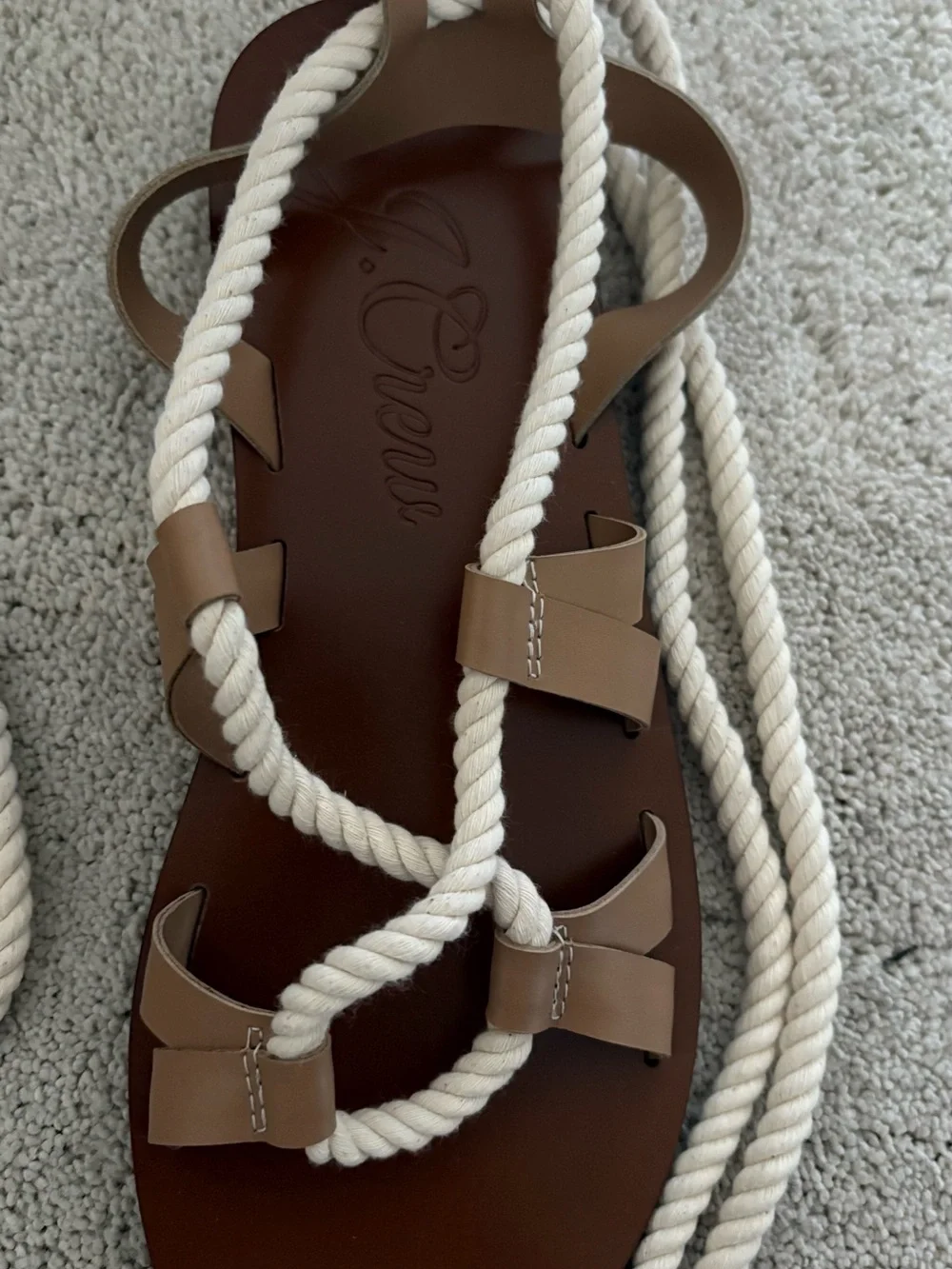 J. Crew Brown Leather Sandals with Cream Rope Laces Size 8
